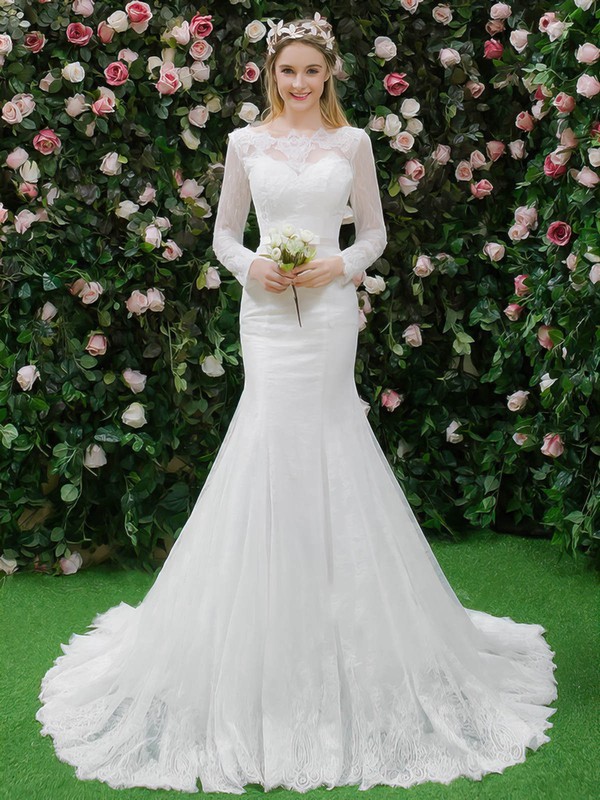 Top Scalloped Neck Lace Appliques Lace Sweep Train Long Sleeve Trumpet/Mermaid Wedding Dresses #PWD00022664