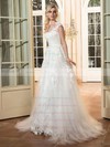 Perfect A-line Scoop Neck Cap Straps Tulle Appliques Lace Sweep Train Wedding Dresses #PWD00022665