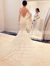 Trumpet/Mermaid Tulle Appliques Lace Court Train Long Sleeve Famous Off-the-shoulder Wedding Dresses #PWD00022666