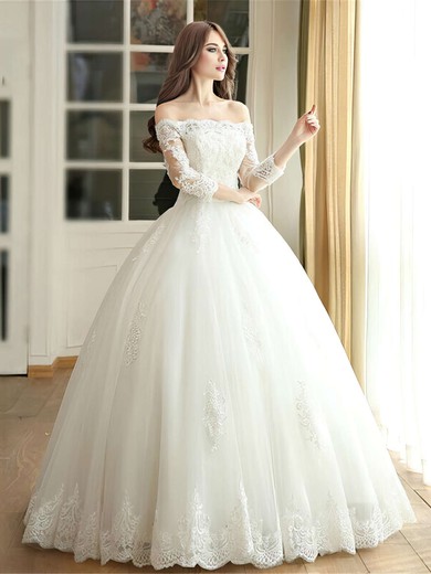 Ball Gown Off-the-shoulder Tulle Appliques Lace Floor-length Amazing 3/4 Sleeve Wedding Dresses #PWD00022667