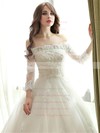 Ball Gown Off-the-shoulder Tulle Appliques Lace Floor-length Amazing 3/4 Sleeve Wedding Dresses #PWD00022667