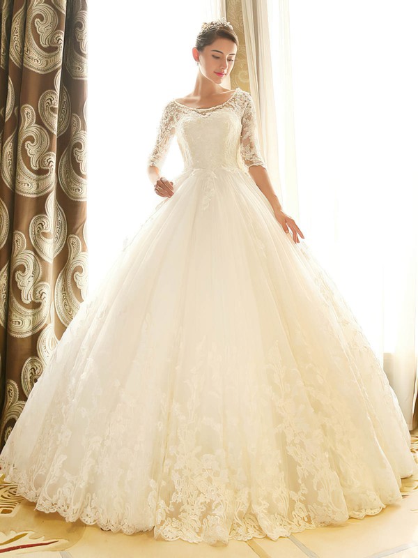 Backless Ball Gown Scoop Neck Tulle Appliques Lace Chapel Train 1/2 Sleeve Popular Wedding Dresses #PWD00022670