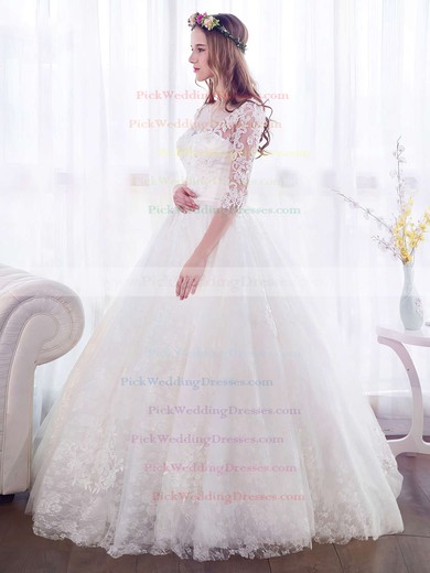 Ball Gown Scoop Neck Lace Tulle Appliques Lace Floor-length Trendy 3/4 Sleeve Wedding Dresses #PWD00022671