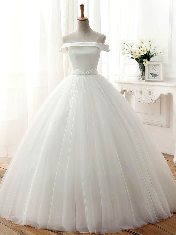 Original Ball Gown Tulle Sashes / Ribbons Floor-length Off-the-shoulder Wedding Dresses #PWD00022672
