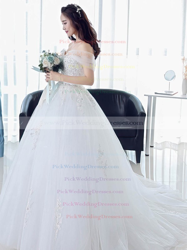Princess Off-the-shoulder Tulle Beading Sweep Train Classy Backless Wedding Dresses #PWD00022673