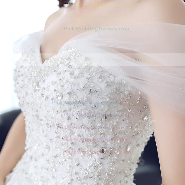 Princess Off-the-shoulder Tulle Beading Sweep Train Classy Backless Wedding Dresses #PWD00022673