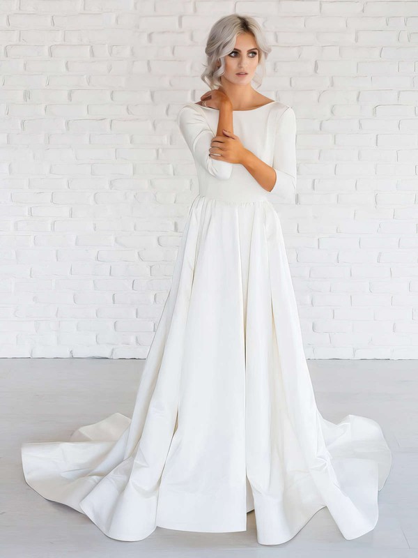 Backless A-line Scoop Neck Satin Ruffles Sweep Train Long Sleeve Simple Wedding Dresses #PWD00022674