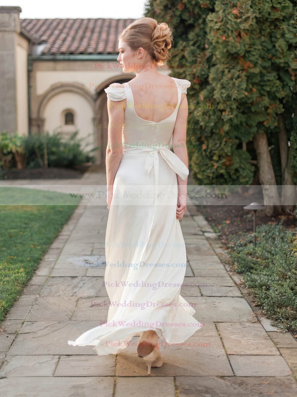 New Scoop Neck Sheath/Column Chiffon Silk-like Satin Sashes / Ribbons Ankle-length Wedding Dresses #PWD00022675