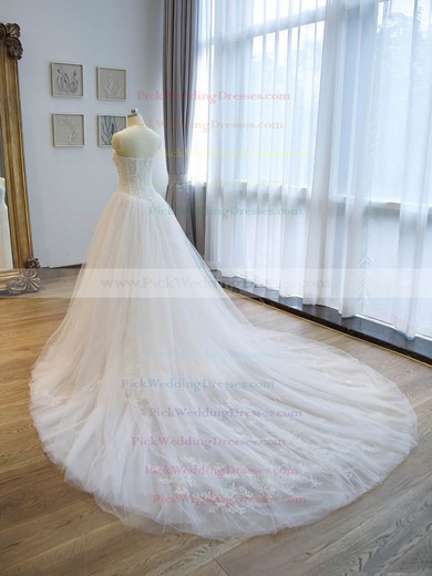 Affordable A-line Sweetheart Tulle with Beading Chapel Train Wedding Dresses #PWD00022676