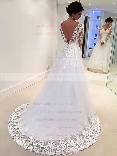 Backless A-line V-neck Tulle Appliques Lace Sweep Train Long Sleeve Classic Wedding Dresses #PWD00022677