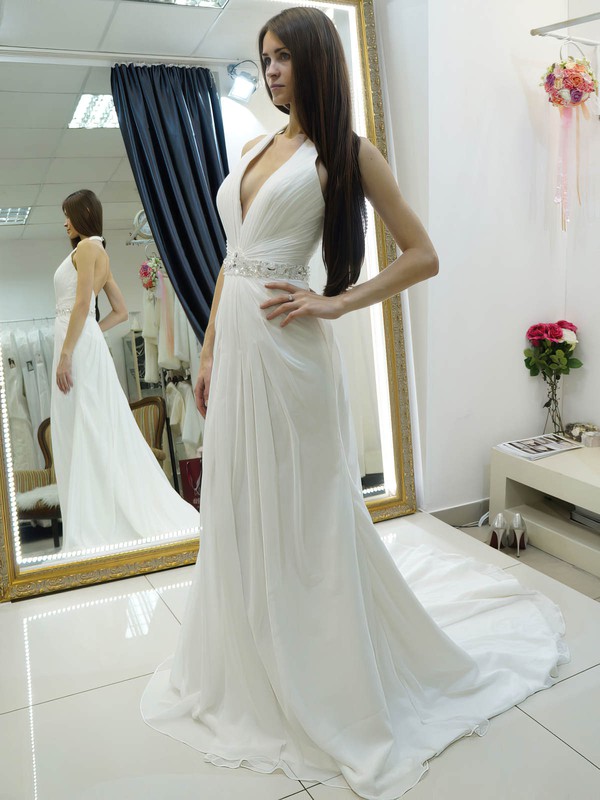 Halter A-line Chiffon Beading Court Train Backless Wholesale Wedding Dresses #PWD00022684