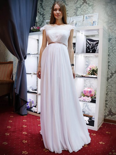 A-line Scalloped Neck Lace Chiffon Sashes / Ribbons Floor-length Promotion Backless Wedding Dresses #PWD00022685
