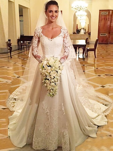 A-line V-neck Satin Tulle Appliques Lace Court Train Vintage Long Sleeve Wedding Dresses #PWD00022686