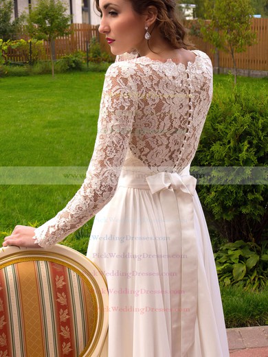 A-line Scoop Neck Lace Chiffon Sashes / Ribbons Sweep Train Latest Long Sleeve Wedding Dresses #PWD00022687