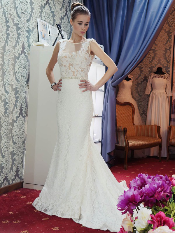 Sexy Scoop Neck Lace Tulle Beading Court Train Backless Trumpet/Mermaid Wedding Dresses #PWD00022689