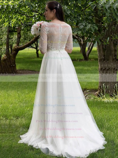 A-line Scoop Neck Tulle Lace Appliques Lace Sweep Train Nice 1/2 Sleeve Wedding Dresses #PWD00022693