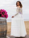 Fashion A-line Lace Chiffon Sashes / Ribbons Floor-length Off-the-shoulder Wedding Dresses #PWD00022694