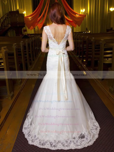 Modest V-neck Tulle Appliques Lace Floor-length Trumpet/Mermaid Backless Wedding Dresses #PWD00022695