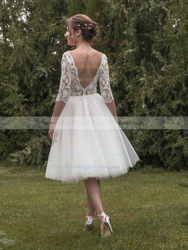 Backless A-line Square Neckline Tulle Lace Tea-length 1/2 Sleeve Ladies Wedding Dresses #PWD00022696
