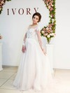 A-line Scoop Neck Tulle Appliques Lace Sweep Train Unique Long Sleeve Wedding Dresses #PWD00022698