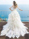 Classy A-line Tulle Lace Cascading Ruffles Court Train Off-the-shoulder 1/2 Sleeve Wedding Dresses #PWD00022700