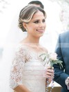 Classy A-line Tulle Lace Cascading Ruffles Court Train Off-the-shoulder 1/2 Sleeve Wedding Dresses #PWD00022700