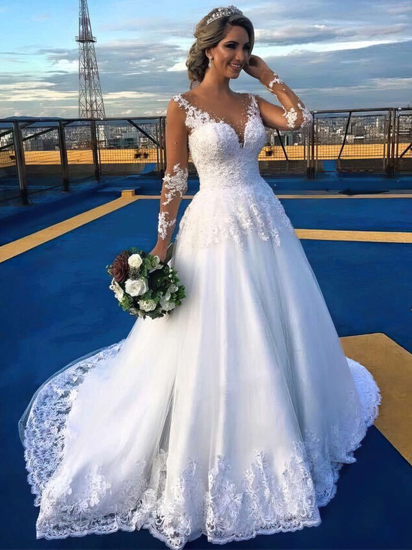 A-line Scoop Neck Tulle Appliques Lace Court Train Beautiful Long Sleeve Wedding Dresses #PWD00022701