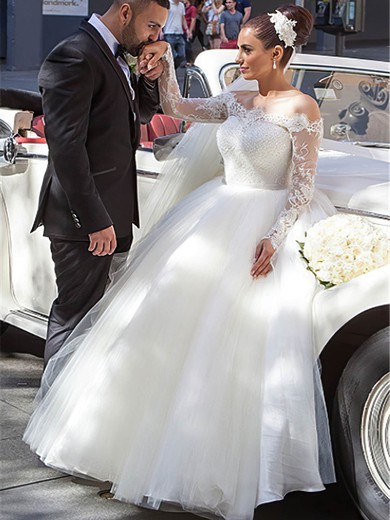 Graceful Off-the-shoulder Tulle Appliques Lace Floor-length Ball Gown Long Sleeve Wedding Dresses #PWD00022702