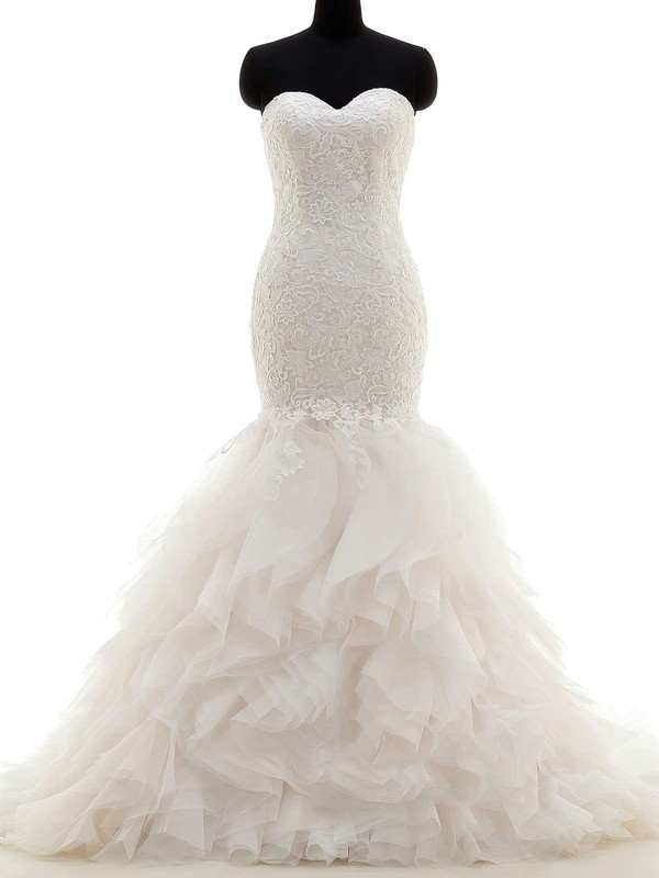 Original Sweetheart Tulle with Lace Sweep Train Trumpet/Mermaid Wedding Dresses #PWD00022704