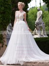 Backless A-line Scoop Neck Tulle Appliques Lace Court Train New Style Wedding Dresses #PWD00022705