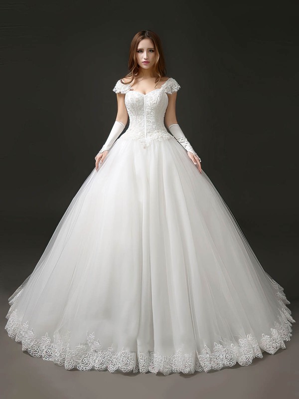 Glamorous Sweetheart Tulle with Appliques Lace Chapel Train Princess Wedding Dresses #PWD00022706