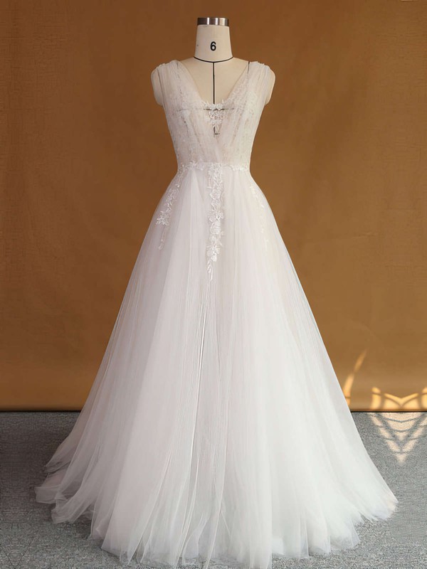 Original A-line Tulle with Appliques Lace Sweep Train V-neck Backless Wedding Dresses #PWD00022707
