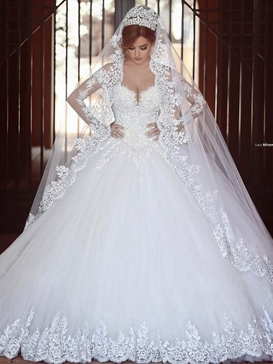 Ball Gown V-neck Tulle Appliques Lace Chapel Train Glamorous Long Sleeve Wedding Dresses #PWD00022710