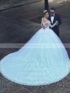 Ball Gown V-neck Tulle Appliques Lace Chapel Train Glamorous Long Sleeve Wedding Dresses #PWD00022710