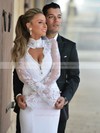Trumpet/Mermaid High Neck Chiffon Tulle Appliques Lace Floor-length Open Back Famous Long Sleeve Wedding Dresses #PWD00022715