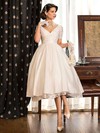 Classy A-line V-neck Taffeta with Lace Short Sleeve Tea-length Wedding Dresses #PWD00022716