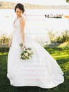 Inexpensive A-line Taffeta with Lace Sweep Train V-neck Wedding Dresses #PWD00022721