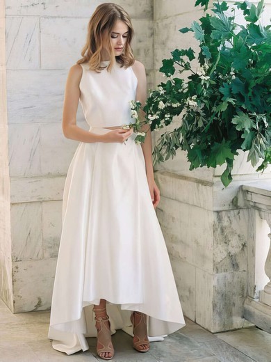 A-line Scoop Neck Satin with Ruffles Asymmetrical Latest Two Piece Wedding Dresses #PWD00022725