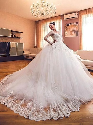 Ball Gown Scoop Neck Tulle Appliques Lace Chapel Train New Arrival Long Sleeve Wedding Dresses #PWD00022727