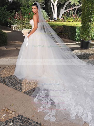 Boutique Ball Gown Tulle with Lace Chapel Train Strapless Wedding Dresses #PWD00022731