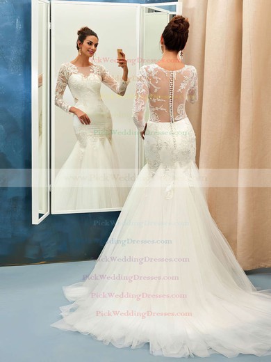Trumpet/Mermaid Scoop Neck Tulle Appliques Lace Sweep Train Online Long Sleeve Wedding Dresses #PWD00022732