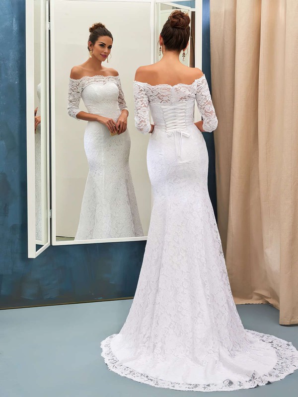 Top Off-the-shoulder Lace Sweep Train Trumpet/Mermaid 3/4 Sleeve Wedding Dresses #PWD00022733