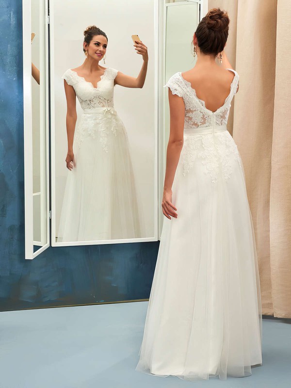 Backless A-line V-neck Tulle with Appliques Lace Floor-length Nice Wedding Dresses #PWD00022734