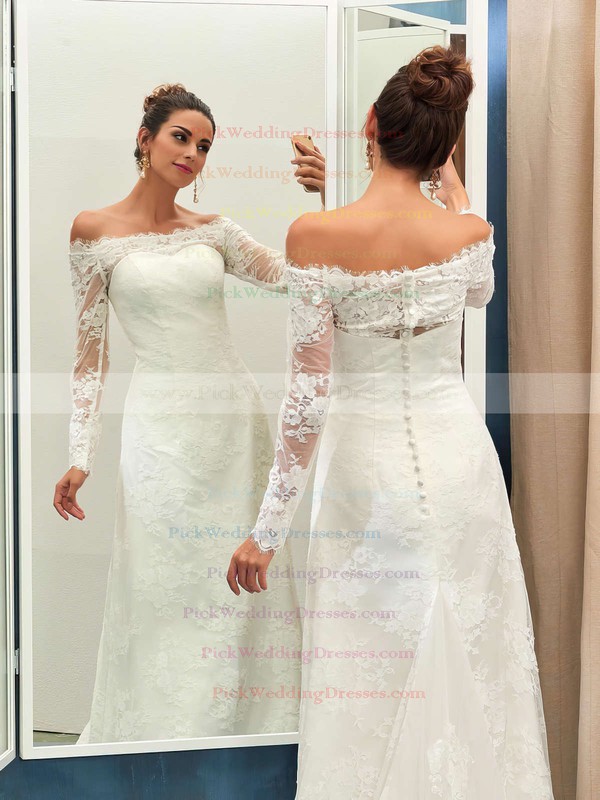 Sheath/Column Tulle Appliques Lace Sweep Train Long Sleeve Great Off-the-shoulder Wedding Dresses #PWD00022736
