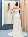 Sheath/Column Tulle Appliques Lace Sweep Train Long Sleeve Great Off-the-shoulder Wedding Dresses #PWD00022736