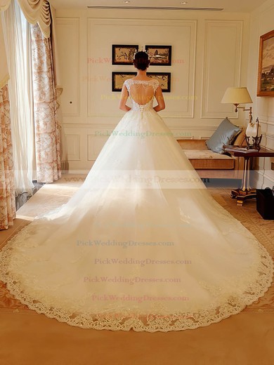 Ball Gown Scoop Neck Tulle Appliques Lace Chapel Train Sparkly Open Back Wedding Dresses #PWD00022738