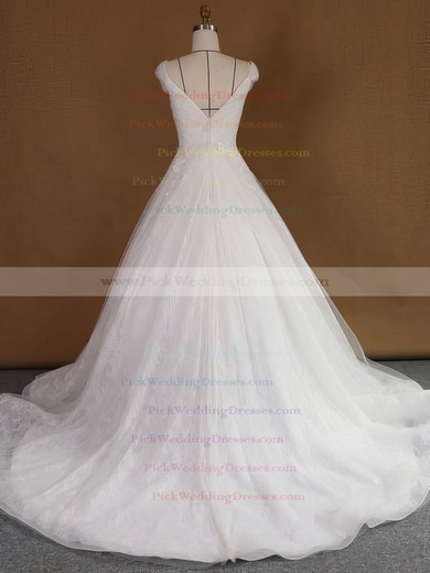 Original V-neck Lace Tulle with Appliques Lace Court Train Princess Wedding Dresses #PWD00022740