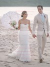 Modest Trumpet/Mermaid Sweetheart Tulle with Appliques Lace Sweep Train Wedding Dresses #PWD00022742