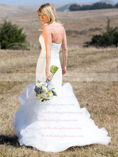 Trendy Strapless Tulle Cascading Ruffles Sweep Train Trumpet/Mermaid Wedding Dresses #PWD00022745