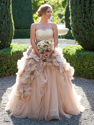 Glamorous Sweetheart Tulle Cascading Ruffles Court Train Princess Wedding Dresses #PWD00022747